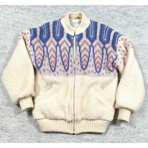 Vintage‎ Iceware Sweater Women Medium Cream White Wool Bomber 70s 80s Nordic Zip